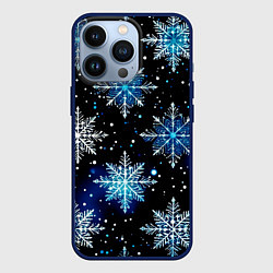 Чехол iPhone 13 Pro Стилизованный чёрно-синий со снежинками