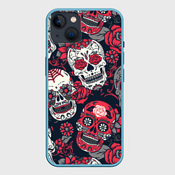 Чехол для iPhone 14 Plus Мексиканские черепа, цвет: 3D-голубой