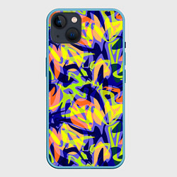 Чехол для iPhone 14 Plus Пятнистый желто-фиолетовый узор, цвет: 3D-голубой