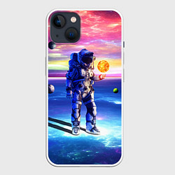 Чехол для iPhone 14 Plus Космонавт среди планет в виртуальной вселенной, цвет: 3D-белый