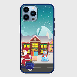 Чехол для iPhone 14 Pro Max В Новогоднюю ночь Дед Мороз едет на скутере с пода, цвет: 3D-тёмно-синий
