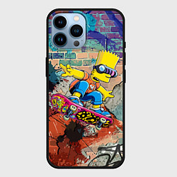 Чехол для iPhone 14 Pro Max Барт Симпсон на скейтборде на фоне стены с граффит, цвет: 3D-черный