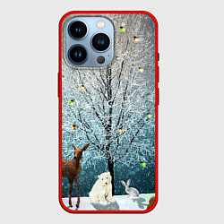 Чехол для iPhone 14 Pro Звери в новогоднем лесу, цвет: 3D-красный