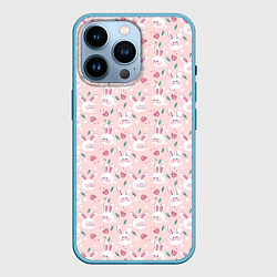 Чехол для iPhone 14 Pro Милые кролики паттерн, цвет: 3D-голубой