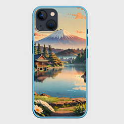 Чехол для iPhone 14 Спокойный рассвет над японским горизонтом, цвет: 3D-голубой