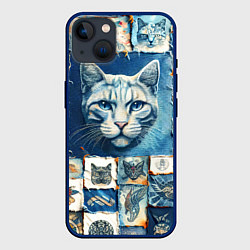 Чехол для iPhone 14 Кошка на дениме - пэчворк, цвет: 3D-тёмно-синий