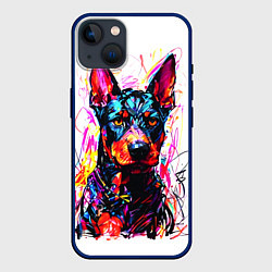 Чехол для iPhone 14 Доберман маркерами, цвет: 3D-тёмно-синий
