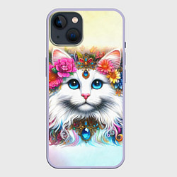 Чехол для iPhone 14 Белый кот с голубыми глазами в цветах, цвет: 3D-светло-сиреневый