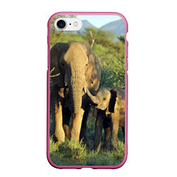 Чехол iPhone 7/8 матовый Семья слонов в природе, цвет: 3D-малиновый
