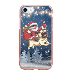 Чехол iPhone 7/8 матовый Санта едет на мопсе, цвет: 3D-светло-розовый