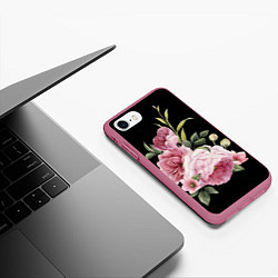 Чехол iPhone 7/8 матовый Пионы на чёрном, цвет: 3D-малиновый — фото 2