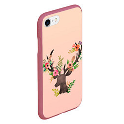 Чехол iPhone 7/8 матовый Олень рога цветы, цвет: 3D-малиновый — фото 2