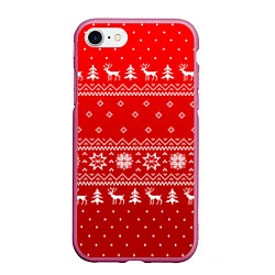Чехол iPhone 7/8 матовый Красный узор с оленями, цвет: 3D-малиновый