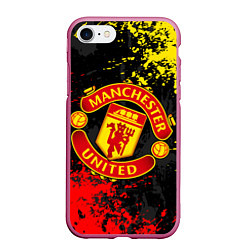 Чехол iPhone 7/8 матовый MANCHESTER UNITED, БРЫЗГИ КРАСОК, цвет: 3D-малиновый