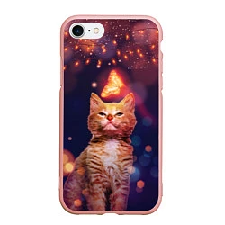 Чехол iPhone 7/8 матовый РЫЖИЙ КОТ И БАБОЧКА, цвет: 3D-светло-розовый