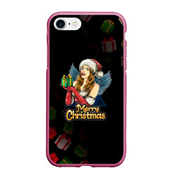 Чехол iPhone 7/8 матовый Merry Christmas Снегурочка с подарком, цвет: 3D-малиновый