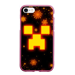 Чехол iPhone 7/8 матовый НОВОГОДНИЙ ОГНЕННЫЙ КРИПЕР CREEPER FIRE, цвет: 3D-малиновый