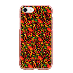 Чехол iPhone 7/8 матовый Желтые и красные цветы, птицы и ягоды хохлома, цвет: 3D-светло-розовый