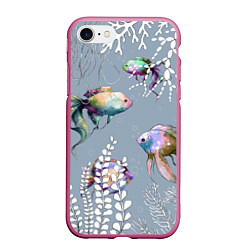 Чехол iPhone 7/8 матовый Разноцветные акварельные рыбки и белые водоросли, цвет: 3D-малиновый