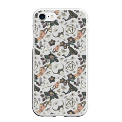 Чехол iPhone 7/8 матовый Пентаграмма, бабочка, череп, ведьма, темные цветы, цвет: 3D-белый