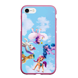 Чехол iPhone 7/8 матовый My Little Pony летают в облаках, цвет: 3D-малиновый