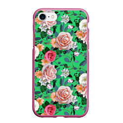 Чехол iPhone 7/8 матовый Нежные розы на изумрудном фоне, цвет: 3D-малиновый