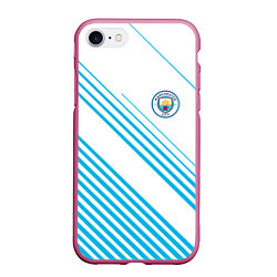 Чехол iPhone 7/8 матовый Манчестер сити голубые полоски, цвет: 3D-малиновый