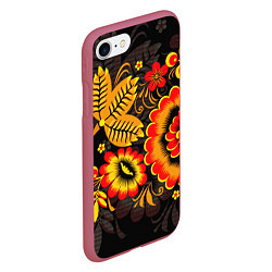 Чехол iPhone 7/8 матовый Хохломская Роспись Цветы На Тёмном Фоне, цвет: 3D-малиновый — фото 2
