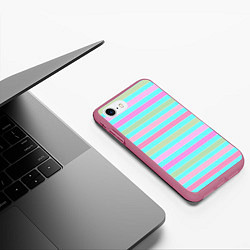 Чехол iPhone 7/8 матовый Pink turquoise stripes horizontal Полосатый узор, цвет: 3D-малиновый — фото 2