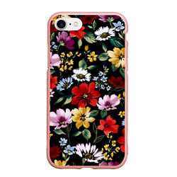 Чехол iPhone 7/8 матовый Цветы на черном фоне паттерн, цвет: 3D-светло-розовый