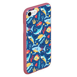 Чехол iPhone 7/8 матовый Акула, скат и другие обитатели океана - лето, цвет: 3D-малиновый — фото 2