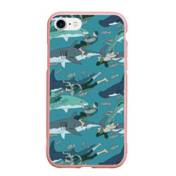 Чехол iPhone 7/8 матовый Ныряльщики и акулы - паттерн, цвет: 3D-светло-розовый