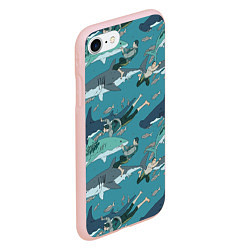 Чехол iPhone 7/8 матовый Ныряльщики и акулы - паттерн, цвет: 3D-светло-розовый — фото 2