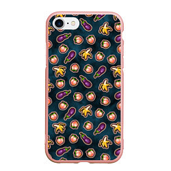 Чехол iPhone 7/8 матовый Баклажаны персики бананы паттерн, цвет: 3D-светло-розовый