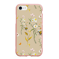 Чехол iPhone 7/8 матовый Нарисованные Цветы Ромашки и Пчёлы, цвет: 3D-светло-розовый