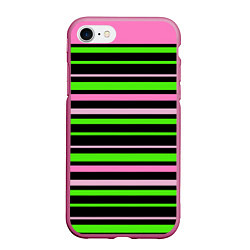 Чехол iPhone 7/8 матовый Полосаты узор в зелено-розовых оттенках на черном, цвет: 3D-малиновый
