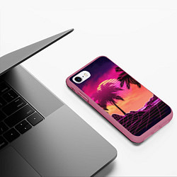 Чехол iPhone 7/8 матовый Пальмы и пляж в розовом закате ретро дизайн, цвет: 3D-малиновый — фото 2