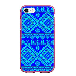 Чехол iPhone 7/8 матовый Сине-голубые узоры - вышивка, цвет: 3D-малиновый