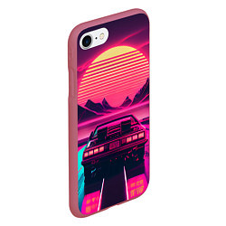 Чехол iPhone 7/8 матовый Синтвейв закат и автомобиль, цвет: 3D-малиновый — фото 2