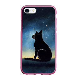 Чехол iPhone 7/8 матовый Черный кот и звезды - акварель, цвет: 3D-малиновый