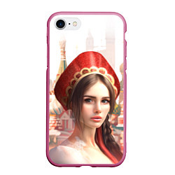 Чехол iPhone 7/8 матовый Девушка в кокошнике с косой - кремль, цвет: 3D-малиновый