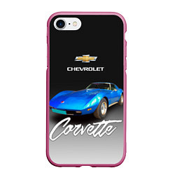 Чехол iPhone 7/8 матовый Синий Chevrolet Corvette 70-х годов, цвет: 3D-малиновый