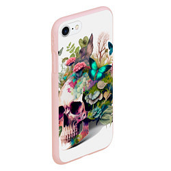 Чехол iPhone 7/8 матовый Красивый череп с листьями и бабочками, цвет: 3D-светло-розовый — фото 2