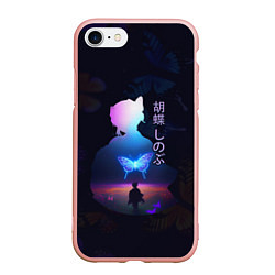 Чехол iPhone 7/8 матовый Силуэт Шинобу Кочо на поле и светящаяся бабочка, цвет: 3D-светло-розовый