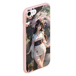 Чехол iPhone 7/8 матовый Гейша в коротком кимоно на фоне сакуры, цвет: 3D-светло-розовый — фото 2