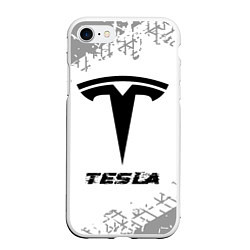 Чехол iPhone 7/8 матовый Tesla speed на светлом фоне со следами шин, цвет: 3D-белый