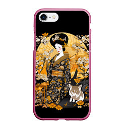 Чехол iPhone 7/8 матовый Японская гейша с кошкой, цвет: 3D-малиновый