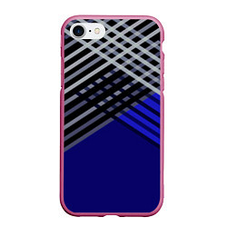 Чехол iPhone 7/8 матовый Белые и серые полосы на синем фоне, цвет: 3D-малиновый