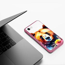 Чехол iPhone 7/8 матовый Морда медведя гризли с цветами акварелью, цвет: 3D-малиновый — фото 2