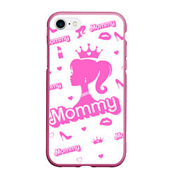 Чехол iPhone 7/8 матовый Мамочка - силуэт барби: паттерн розовый на белом ф, цвет: 3D-малиновый
